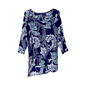 Chico’s Travelers | Black Green Leaf Print Asymmetrical Top, Size 1 (Medium)